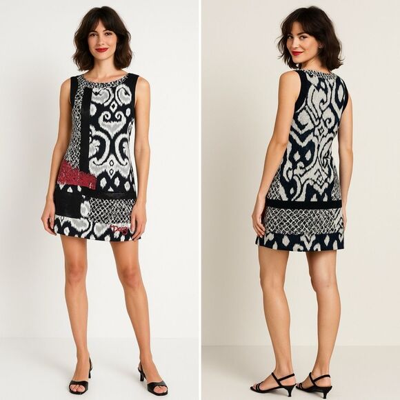 Desigual Ikat Patchwork Lace Shift Dress Sz 40/M Mixed Media Summer to Fall Mod - Picture 1 of 16